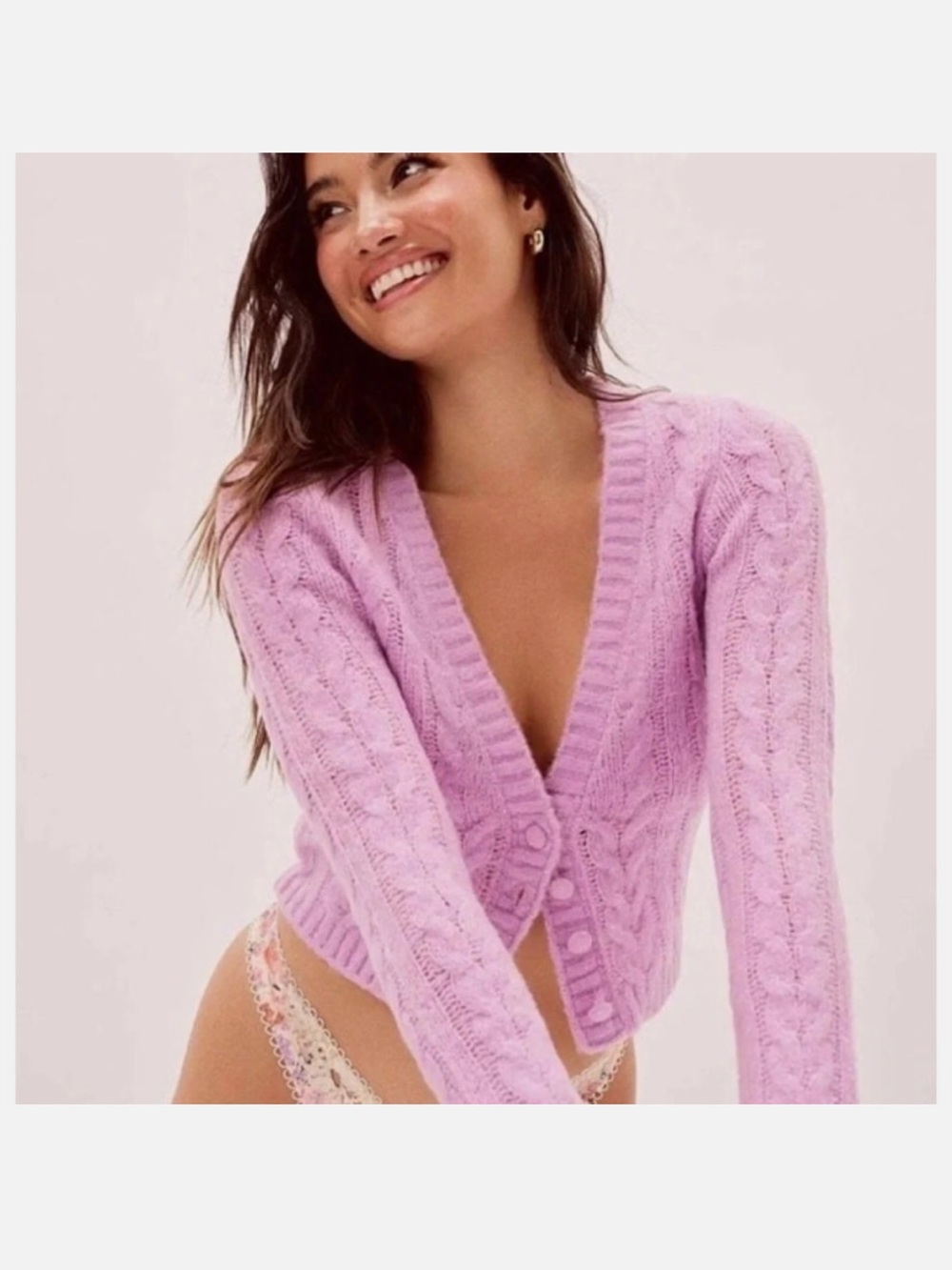 For Love & Lemons Bille Lavender Cable Knit Button Cardigan